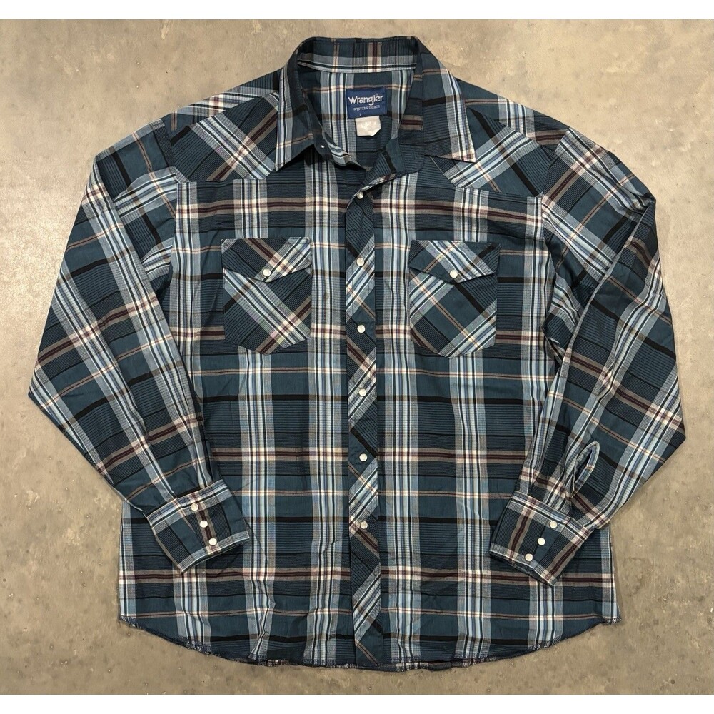 Vintage Wrangler Western Shirt Mens 2XL Plaid Pearl Snap Long Sleeve Cowboy